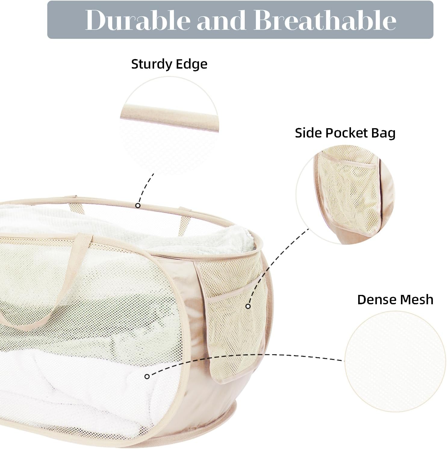 Durable Collapsible Laundry Baskets, Mesh Pop Up Laundry Hamper with Side Pocket, Foldable Clothes Hamper with