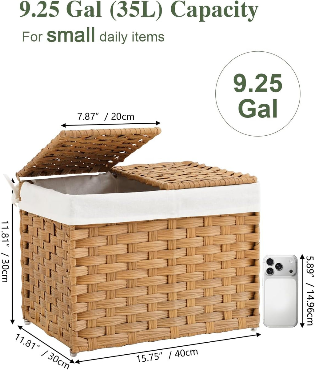 Storage Basket with Lid Woven Wicker Baskets with 2 Separate Lid, 9.2 Gallon (35 L) Wicker Storage Bins with Handles