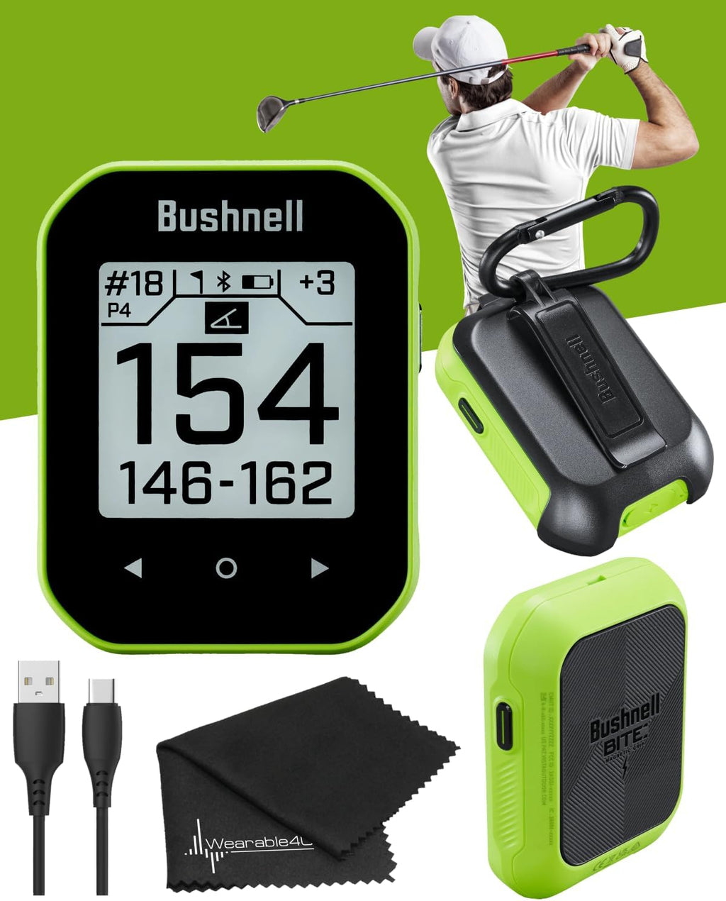 Bushnell Phantom 3 GPS Rangefinder Green with BITE Magnetic Mount and GreenView with Lens Cleaning Cloth Bundle