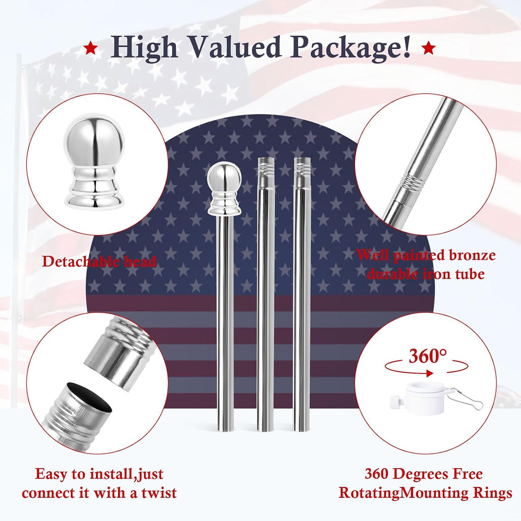 Flag Pole Kit 5ft Flag Pole for Outside House, Flag Poles with Tangle Free Flag Pole Rings for 3x5 American Flag
