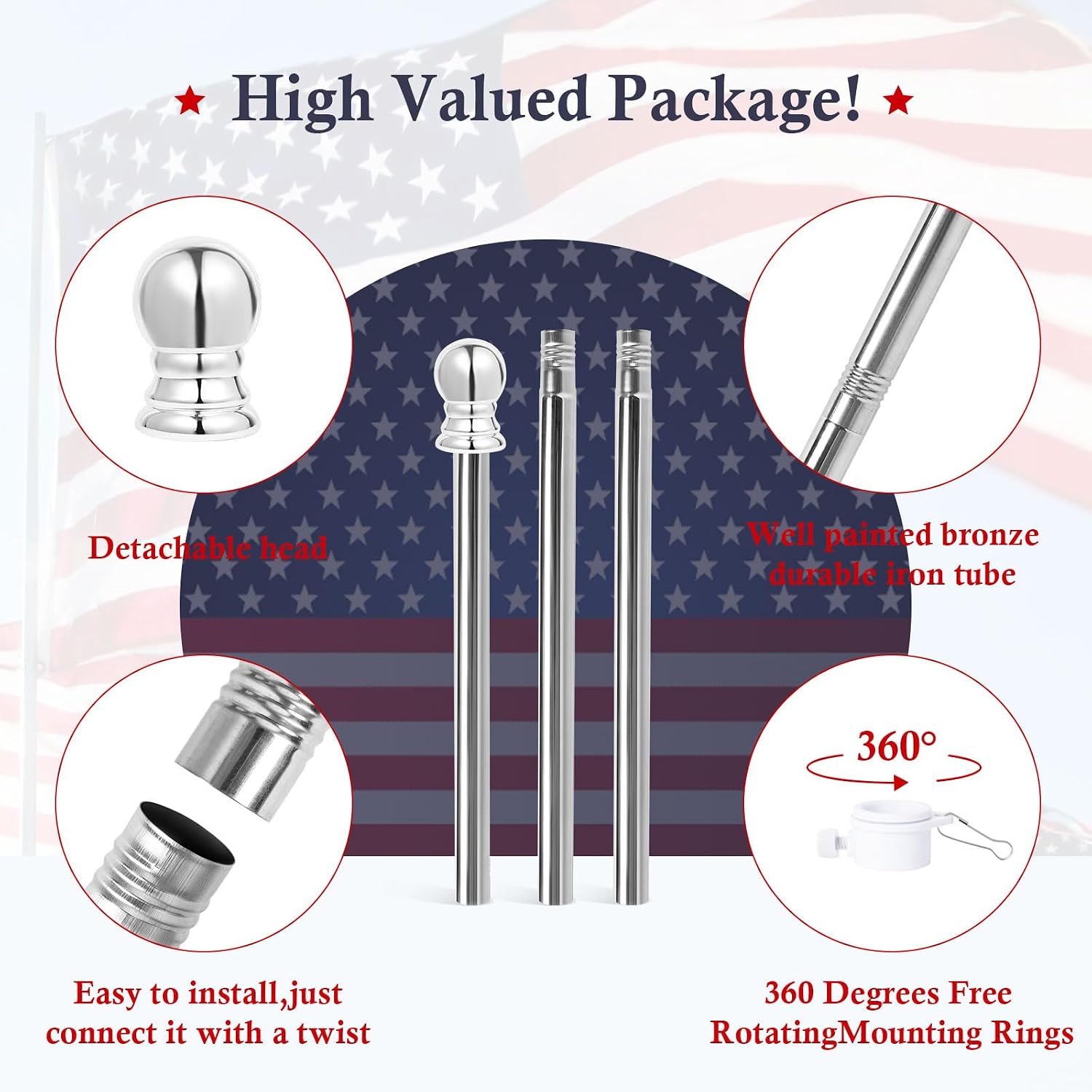 Flag Pole Kit 5ft Flag Pole for Outside House, Flag Poles with Tangle Free Flag Pole Rings for 3x5 American Flag