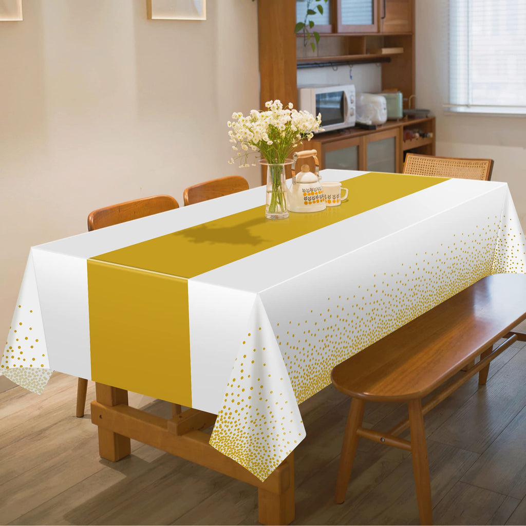 4 Pack Disposable Plastic Table Cloths for Parties,White and Gold Rectangle Table Covers for Fall Decor Wedding