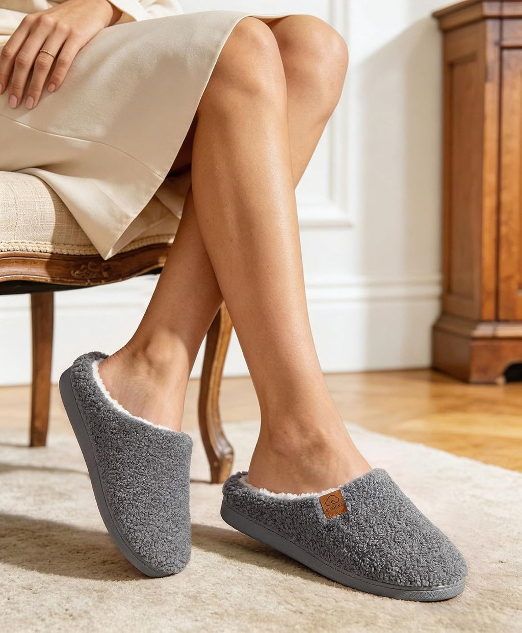 Memory Foam Fuzzy Slippers for Women Curly Fleece House Shoes | Indoor Outdoor, Comfy and Warm Fur Lining, Non-slip