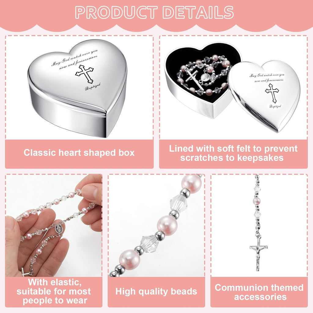 2 Pcs Heart Jewelry Keepsake Box and Pink Baby Rosary Baptism Gift, Silver Toned Jewelry Box with Engraved Cross Baby