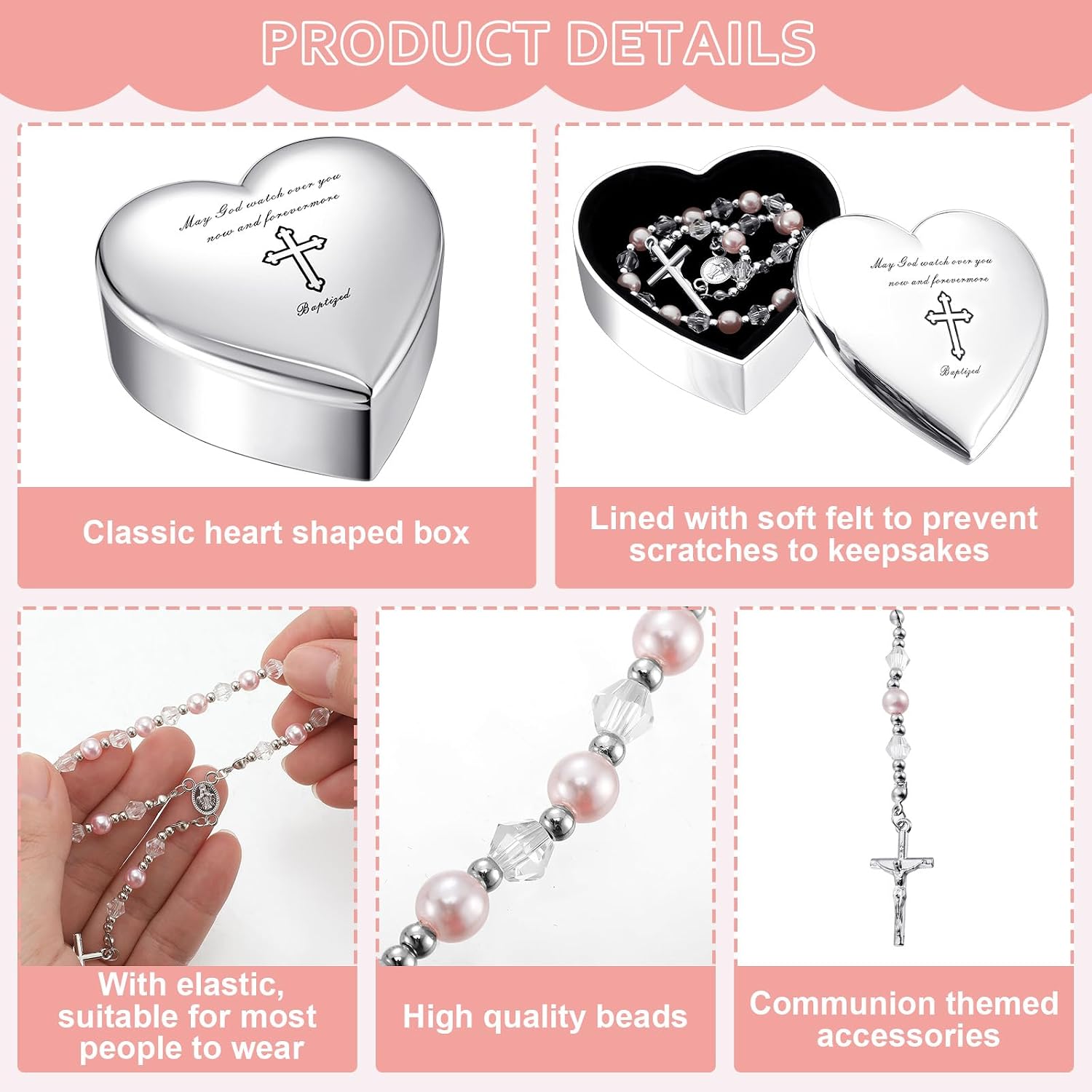 2 Pcs Heart Jewelry Keepsake Box and Pink Baby Rosary Baptism Gift, Silver Toned Jewelry Box with Engraved Cross Baby