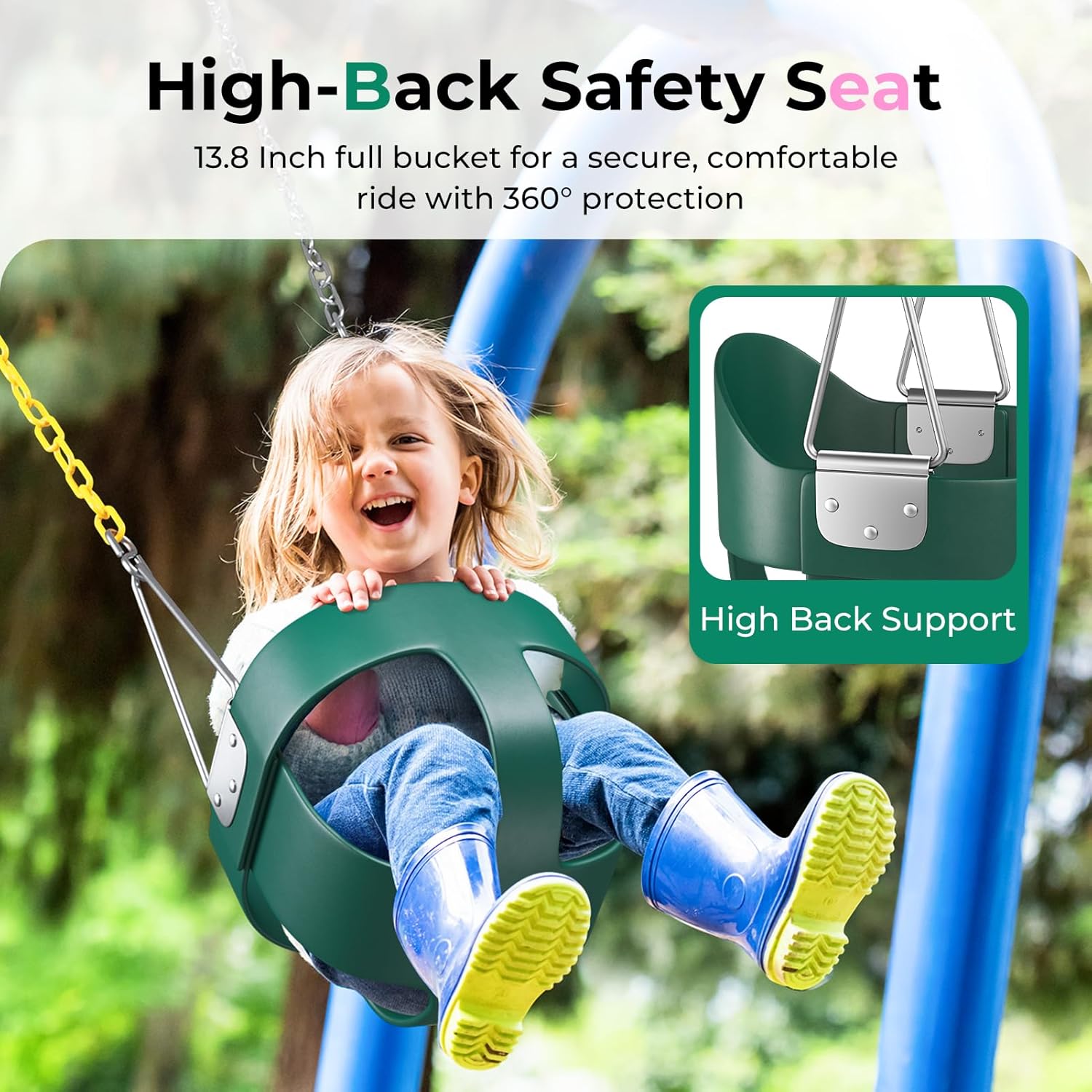 Toddler Swing, Baby Swing Outdoor –High Back Full Bucket Swing Set, 330lb Capacity, Safety Design, Plastic-Coated