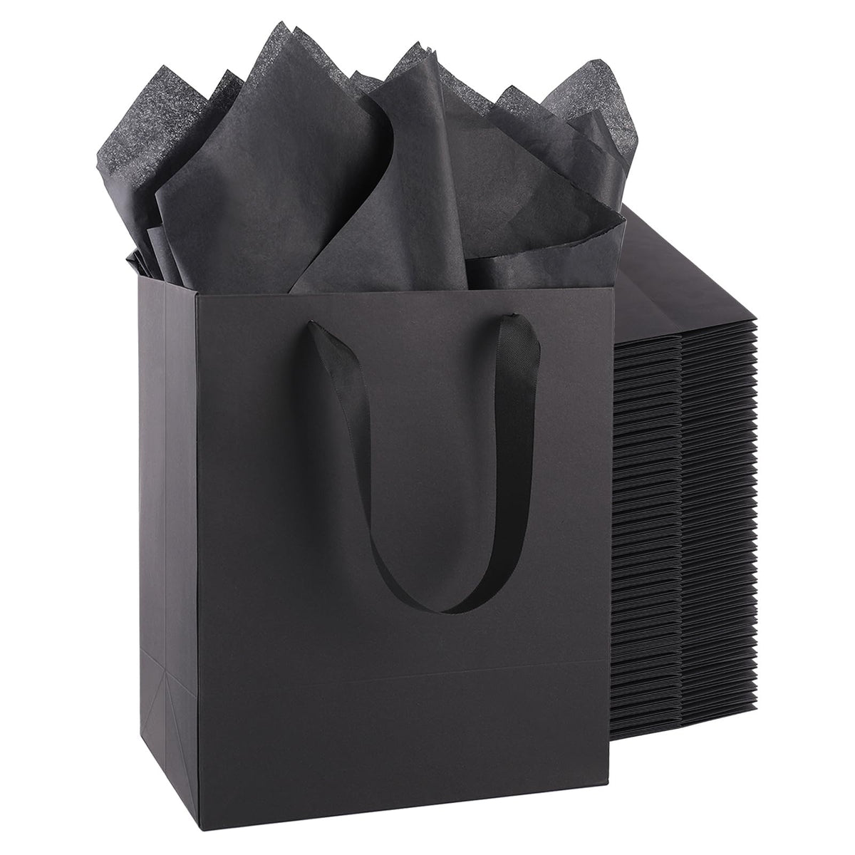 30 Pack Black Gift Bags with Handles and 30 Sheets of Tissue Paper