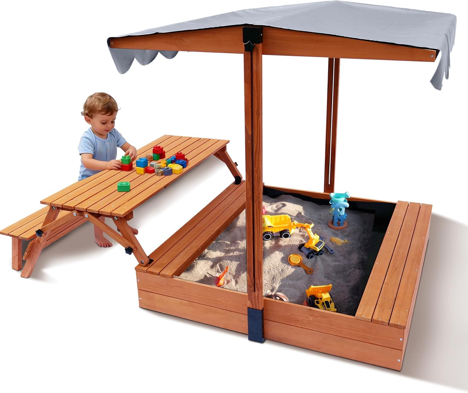Wooden Sandbox with Lid, Outdoor Sandbox with Foldable Picnic Table, Sandpit with UV-Resistant & Adjustable Capony