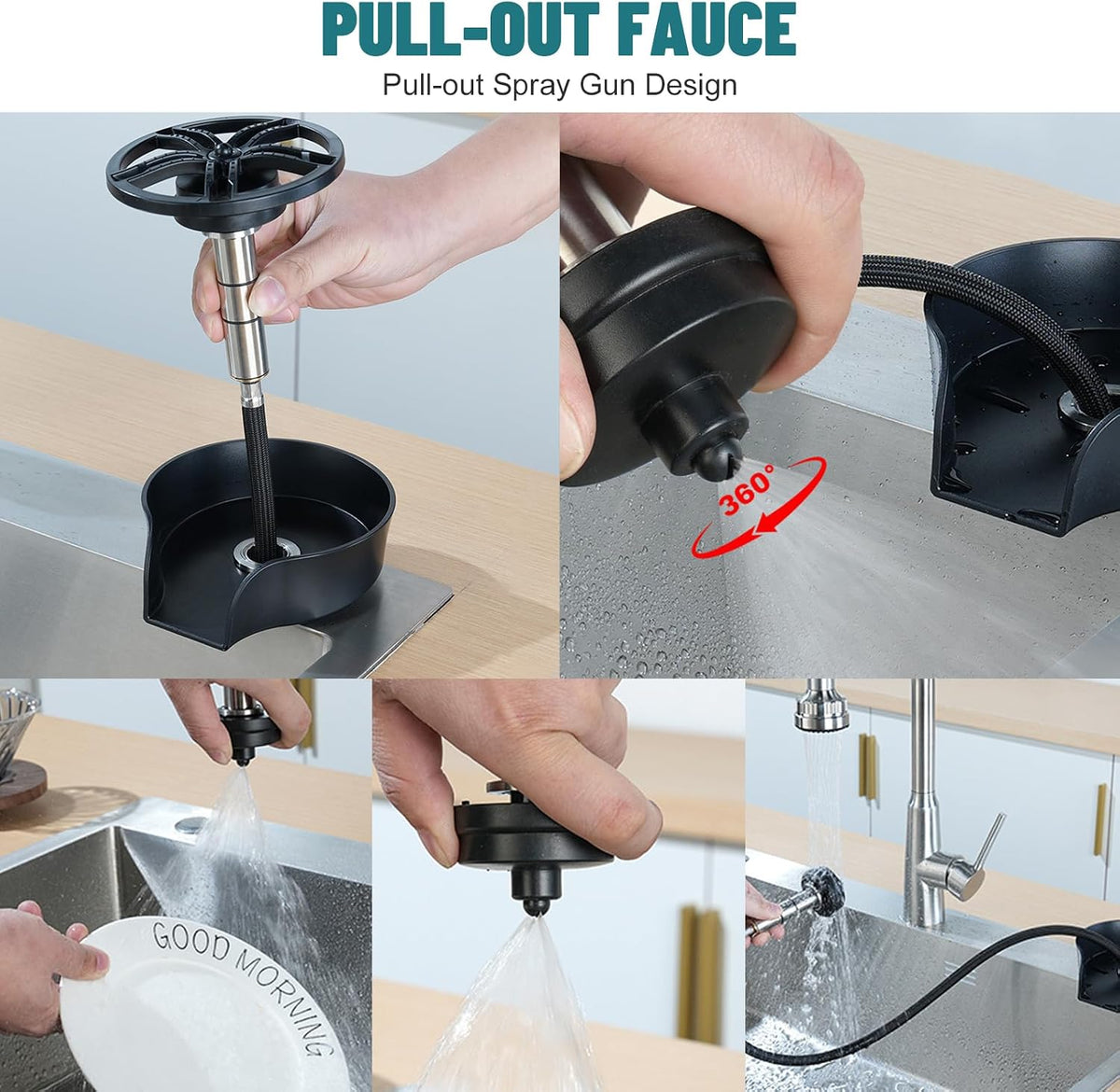 Glass Rinser for Kitchen Sink, High Pressure 360 Degree Rotating Spout Glass Rinser with Pull-out Spray Gun Design