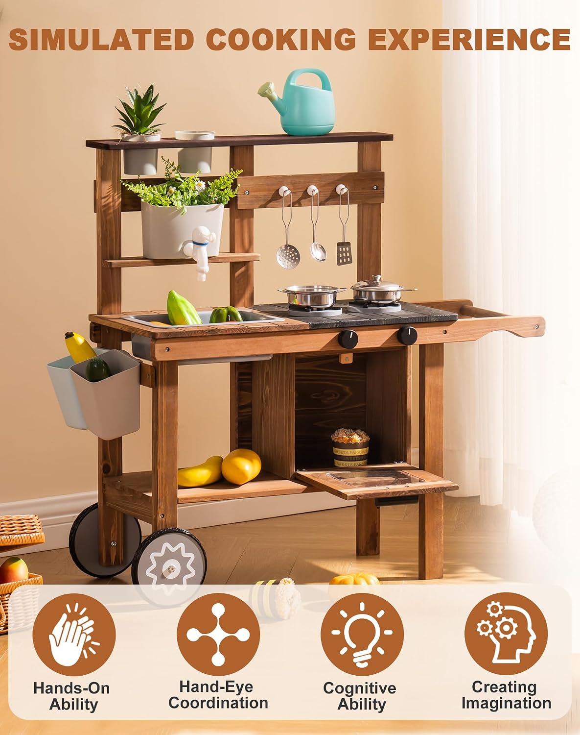Mud Kitchen for Kids Outdoor with Wheels, Fun Wooden Kid Kitchen Playset for Backyard Pretend Cooking, Outdoor Sink &