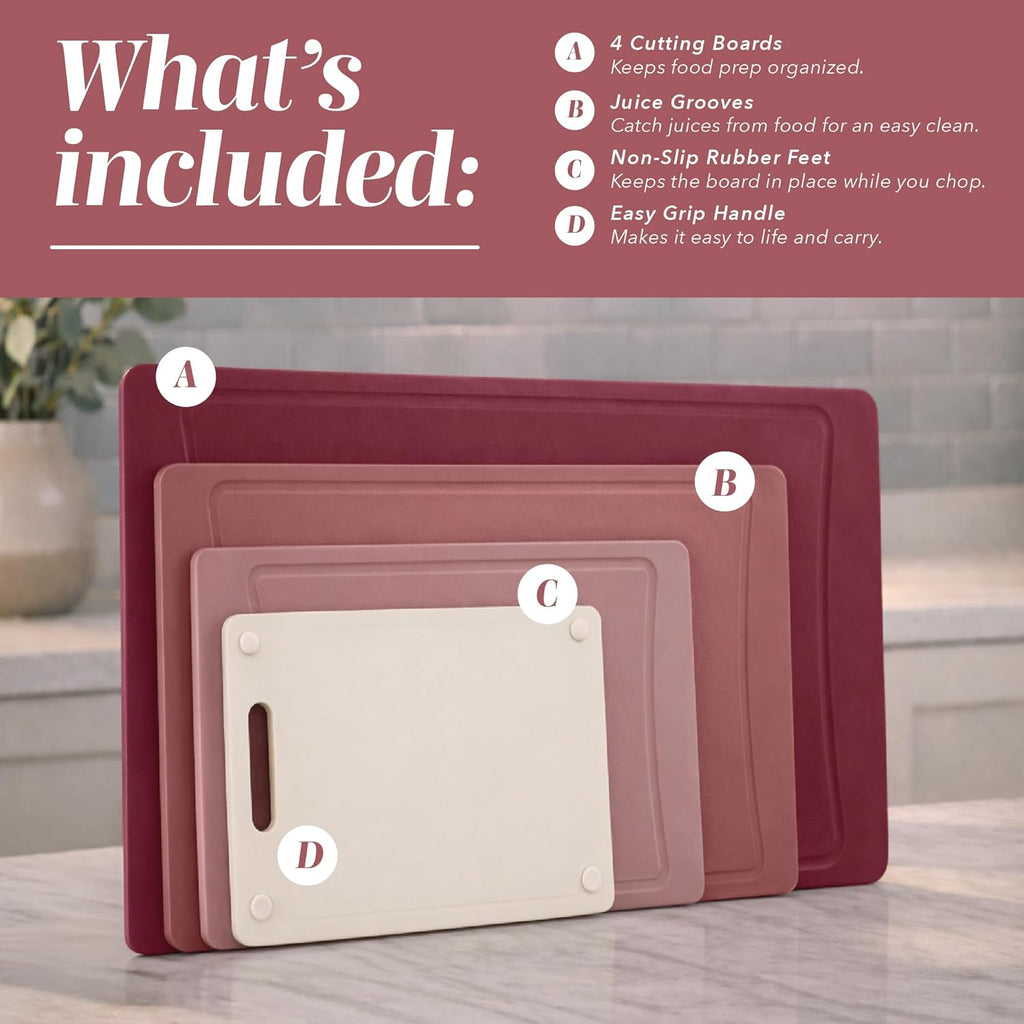 Non-Slip Cutting Board Set – Kitchen Essentials with Easy Grip Handle for Meat, Veggies, and Fruits, 4 Cutting