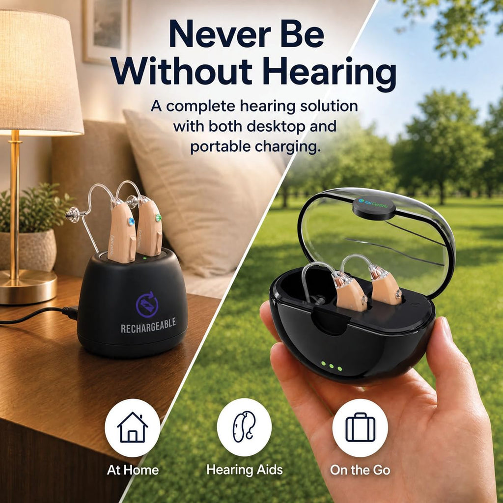 EarCentric EasyCharge Rechargeable Hearing Aids for Seniors and Adults, Pair with Desktop Charger and Portable