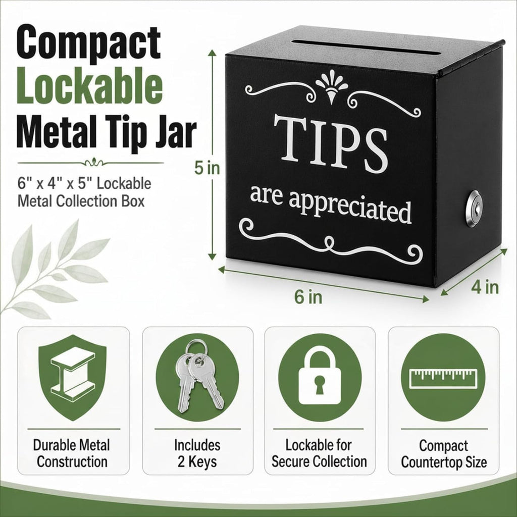 Metal Lockable Tip Jar with 2 Keys, 6 x 4 x 5 Inch Donation Box