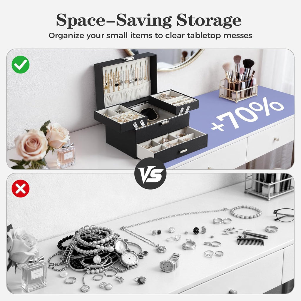 Jewelry Organizer Box, Large Jewelry Boxes for Women Girls, Space-Saving 3 Layers Jewelry Storage Case with Drawer