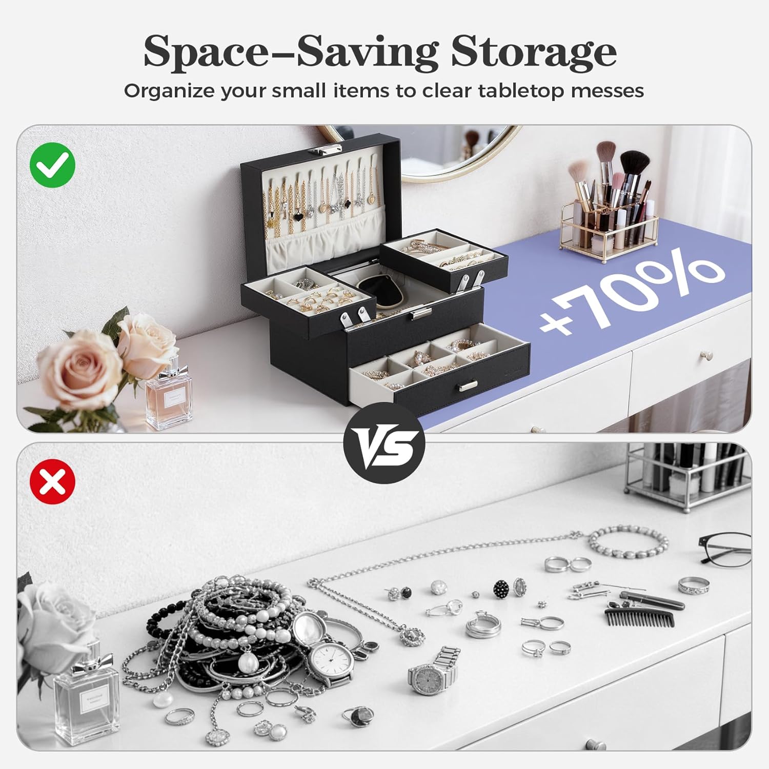 Jewelry Organizer Box, Large Jewelry Boxes for Women Girls, Space-Saving 3 Layers Jewelry Storage Case with Drawer