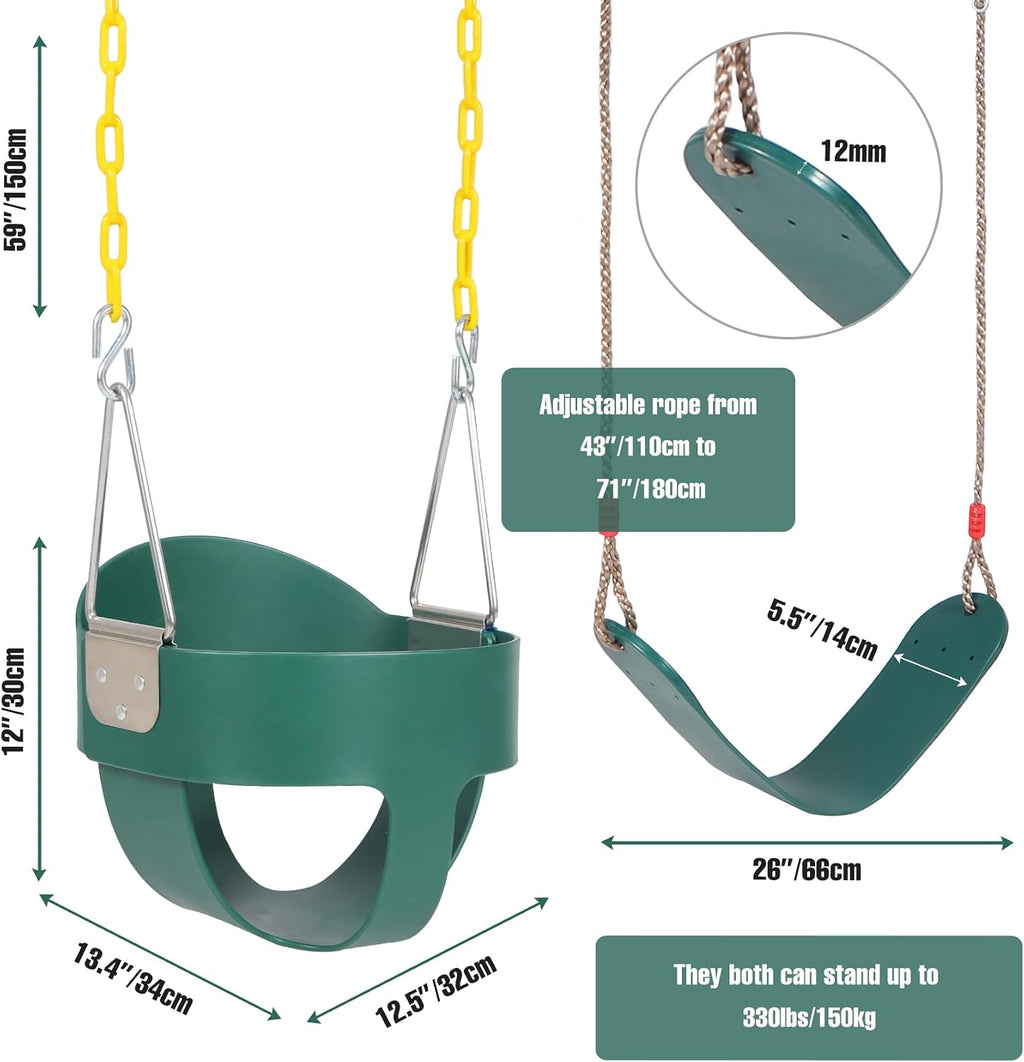 Toddler Swing Set, Heavy Duty High Back Full Bucket Swing with Belt Swings Seat Combo Pack for Swingset, Tree Straps
