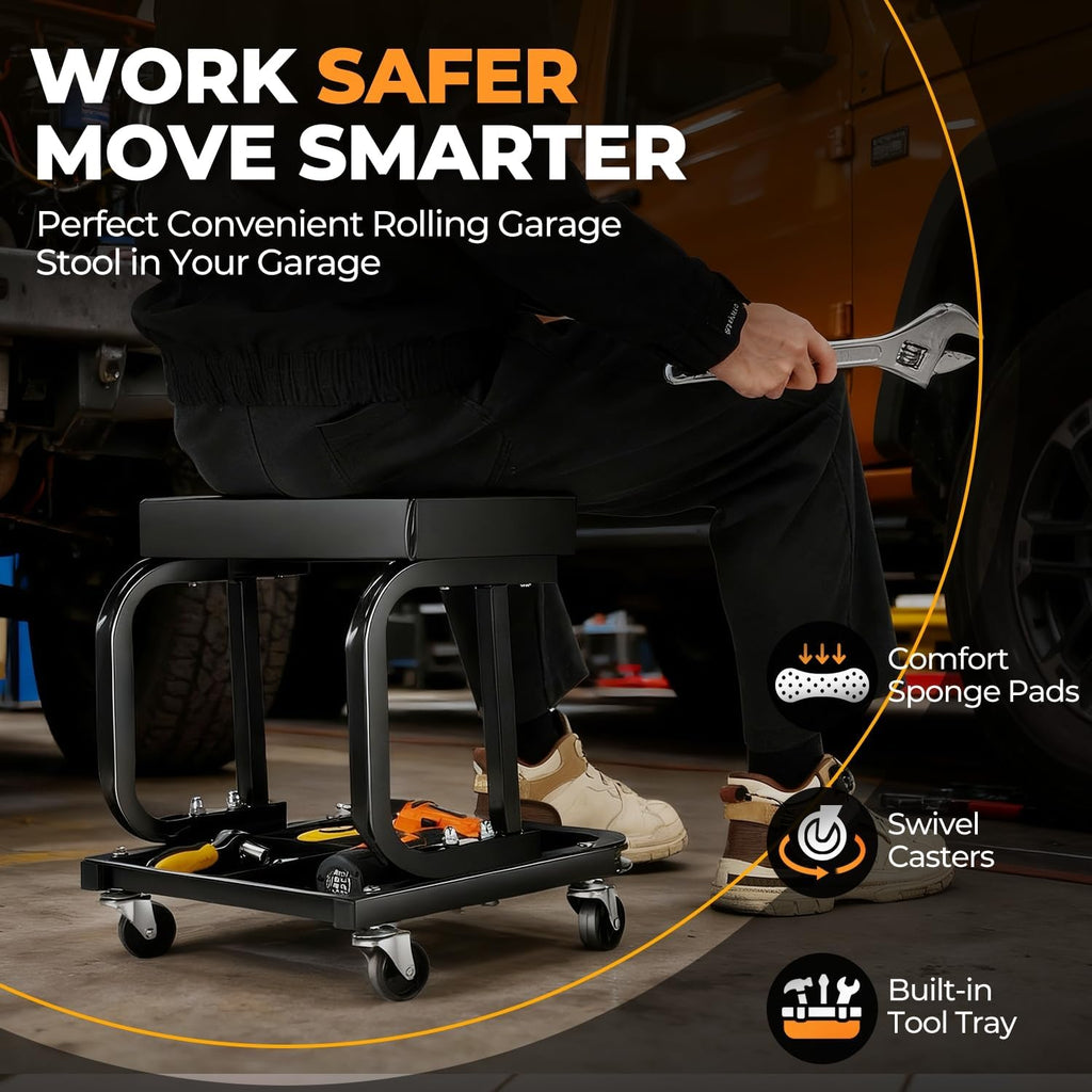 Rolling Mechanic Stool, Padded Shop Seat, w/Tool Tray, Black