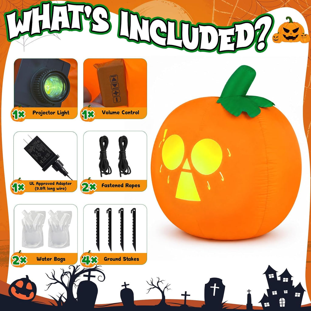 5FT Halloween Inflatables Outdoor Decorations with Projector Face and Music | Halloween Inflatable Pumpkin, Eight