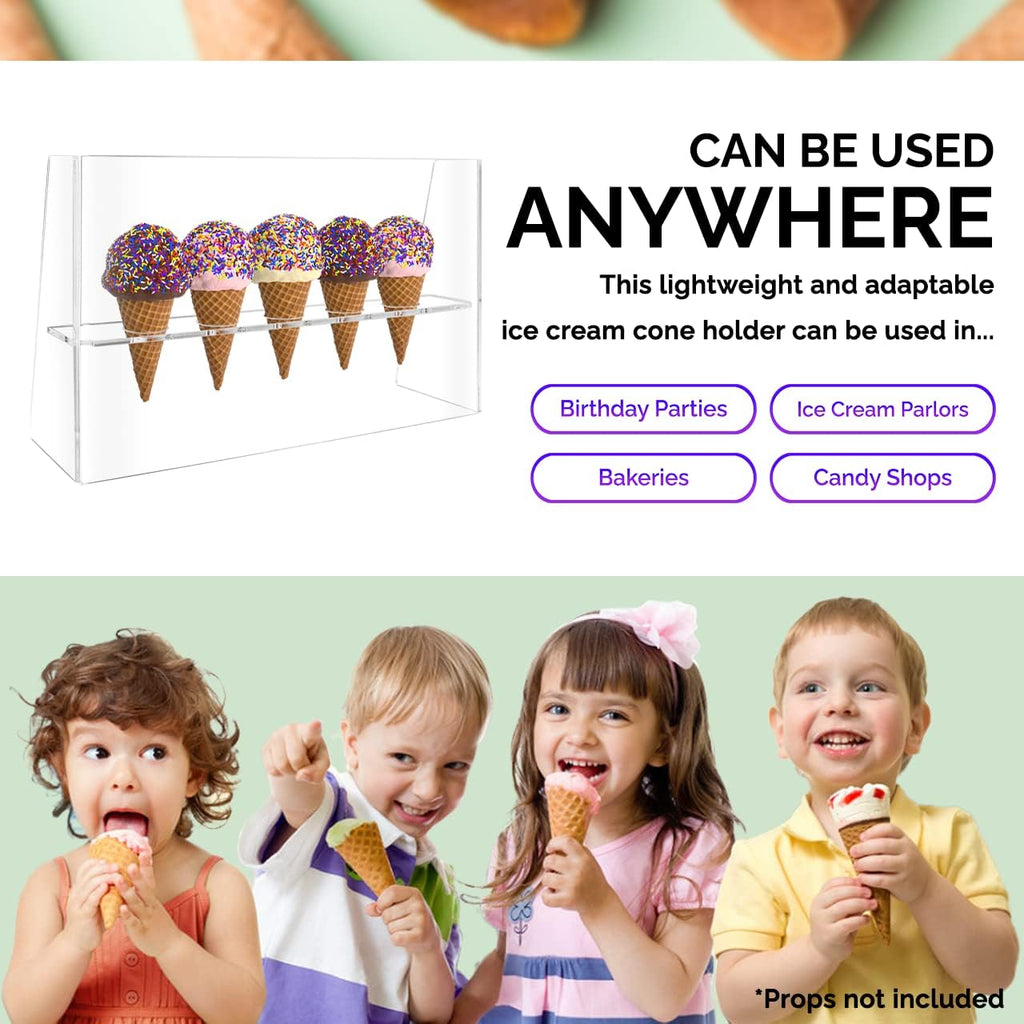 Ice Cream Cone Holder 5 Slot Clear Acrylic Countertop Dessert Display with Sneeze Guard for Restaurants Catered