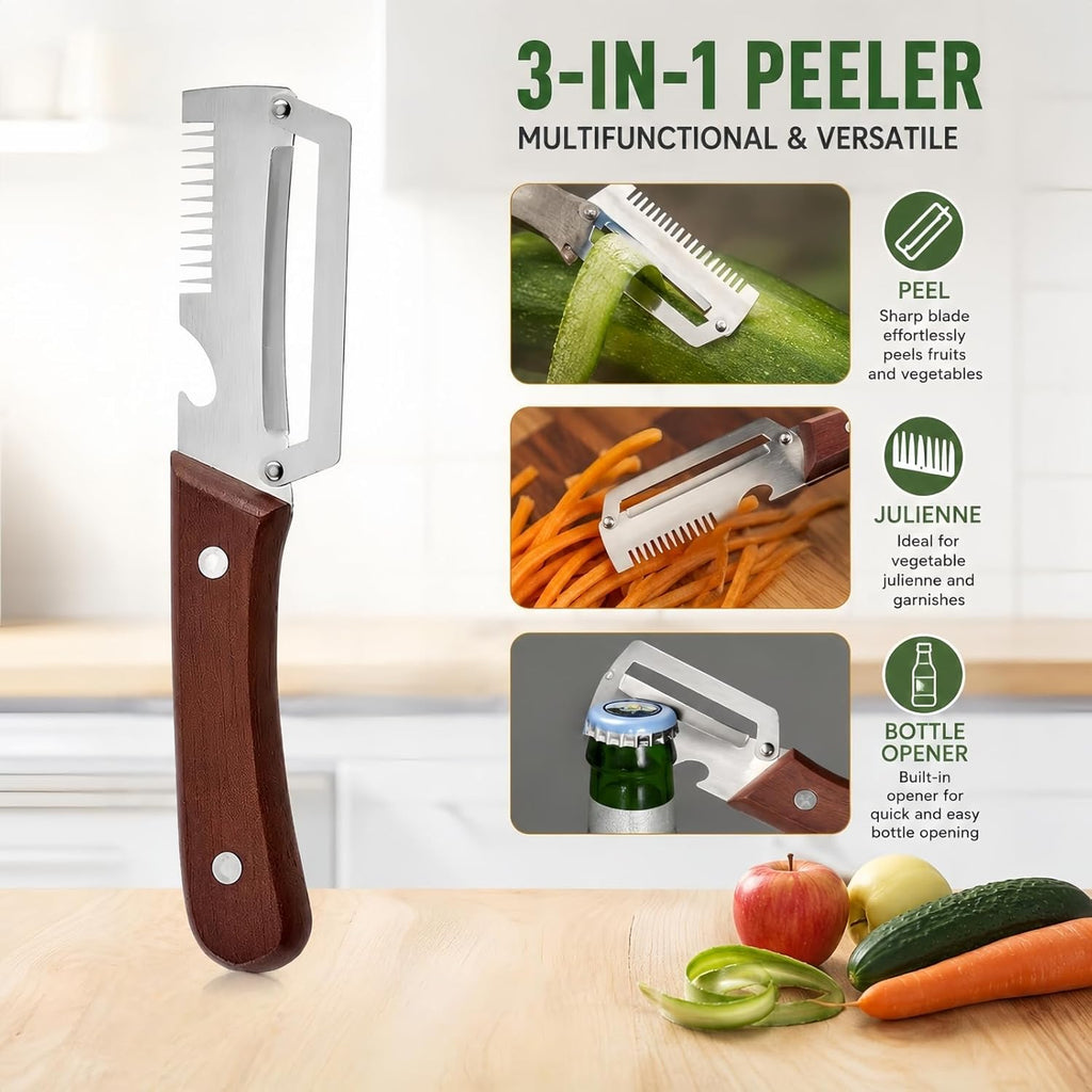 3-in-1 Vegetable Peeler with Scallion Shredder & Bottle Opener – Wide Stainless Steel Blade, Wooden Handle Julienne