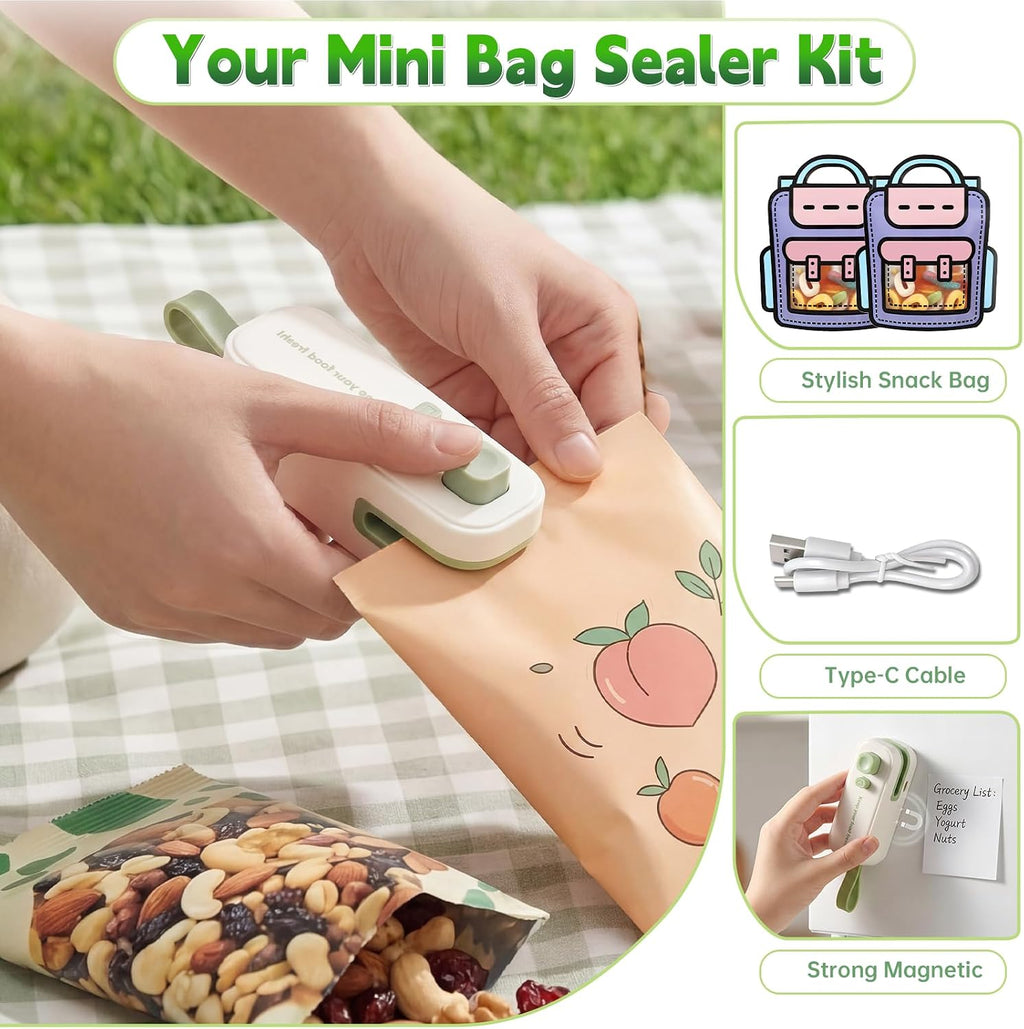 2in1 Mini Bag Sealer, Rechargeable Heat Sealer with Cutter Magnet