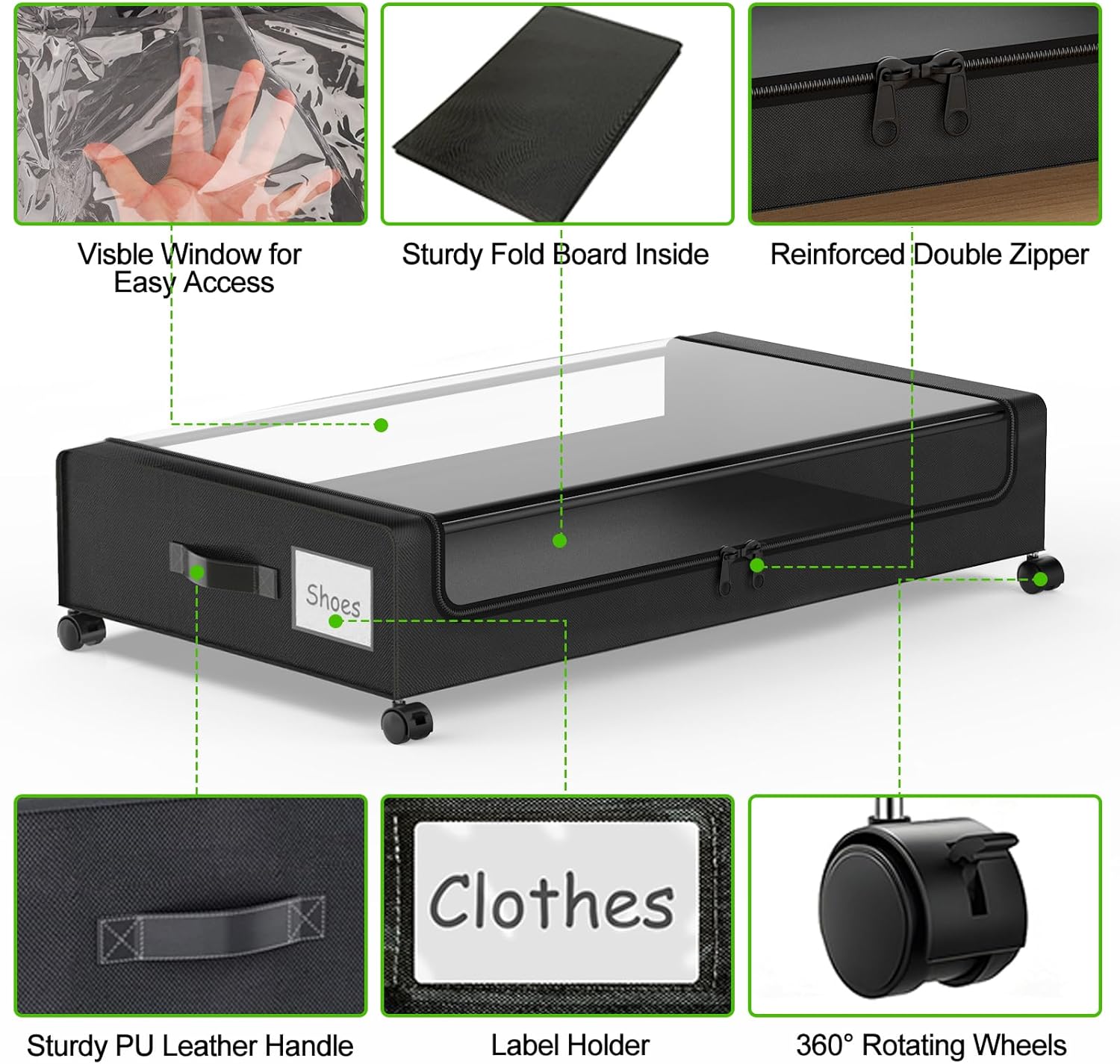 Under Bed Storage with Wheels, 2-Pack Underbed Storage Containers with Clear Lids, Under Bed Shoe Storage Organizer