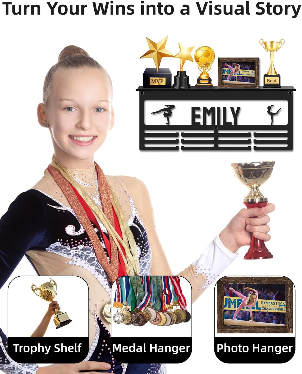 Personalized Medal Hanger Display with Trophy Shelf | Custom Name, 3 Sizes, 3 Colors & 100+ Sports Icons Baseball