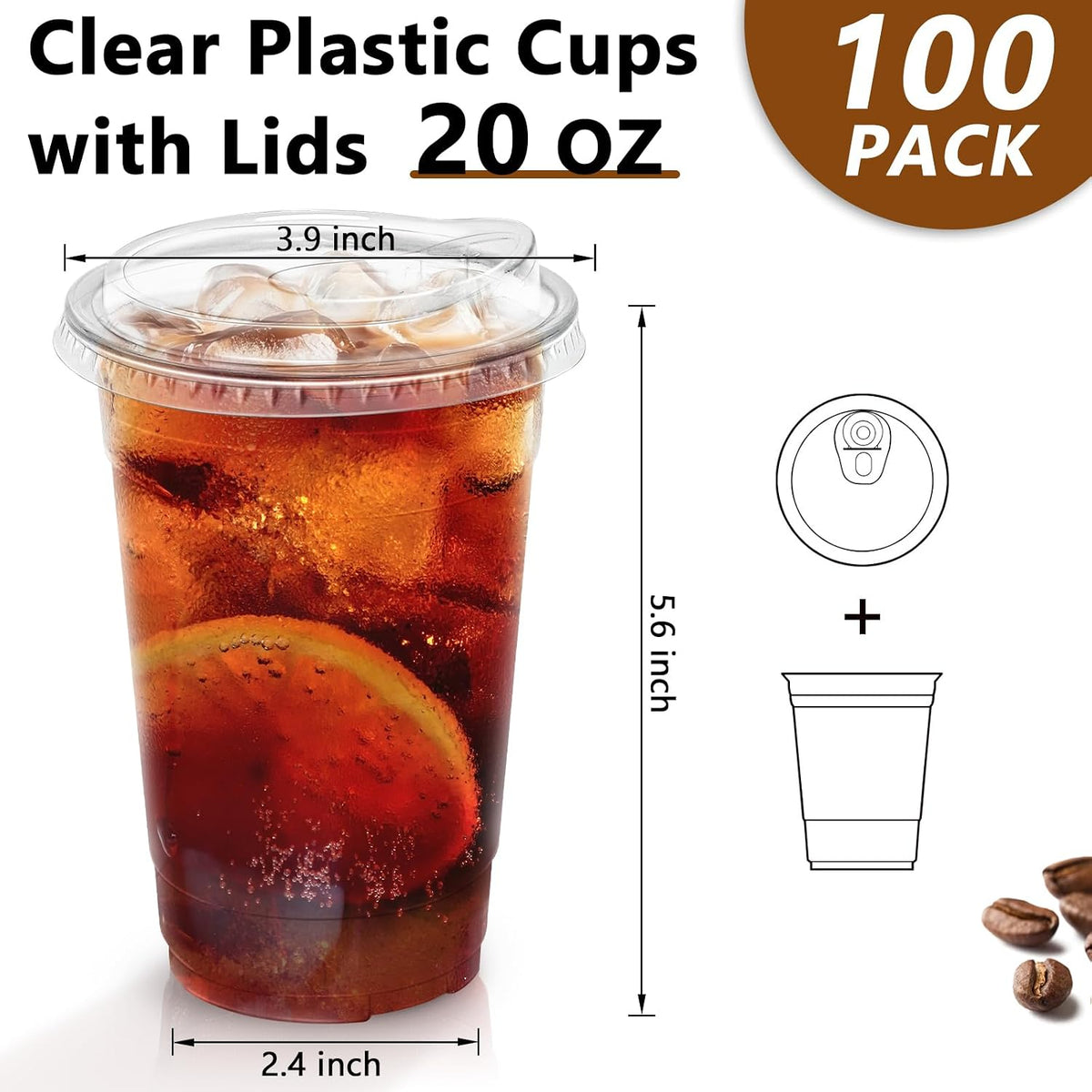 20 oz 100 Pack Plastic Cups with Lids Disposable Iced Coffee Cups
