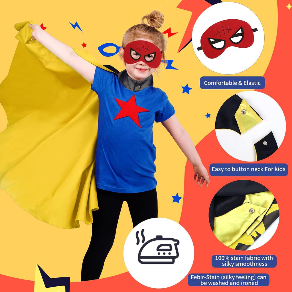 Superhero Capes for Kids, Hero Caps and Masks for 4-12 Year Old Boys Girls | 4 Pack Cartoon Dress Up for Holiday