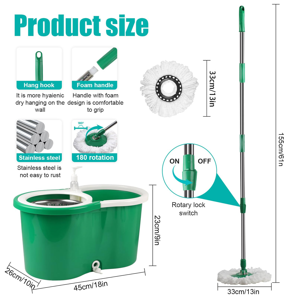 Spin Mop and Bucket with Wringer Set, 3 Microfiber Mop Heads, 61" Handle