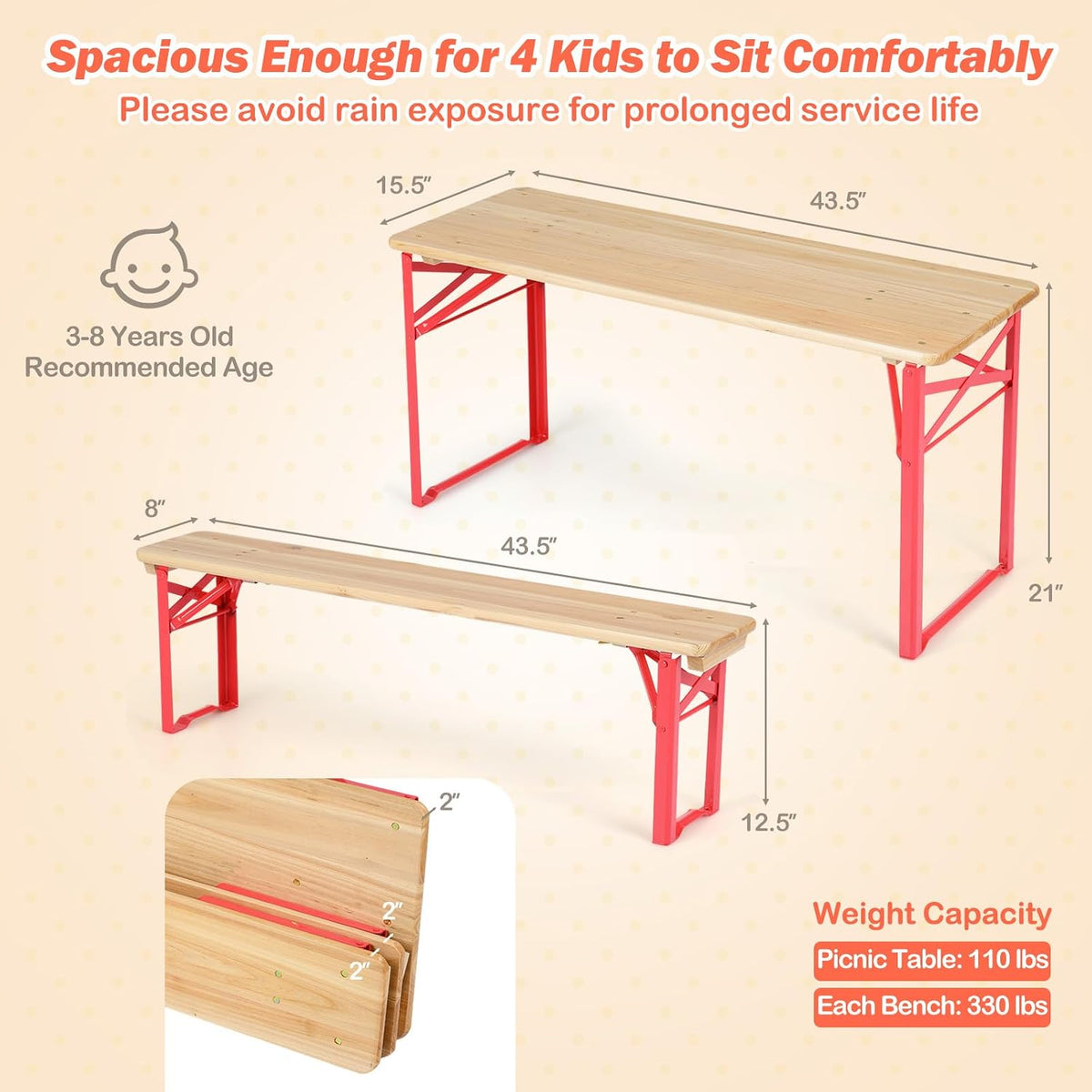 Folding Kids Picnic Table, 43.5 Inch Toddler Outdoor Table & 2 Benches, Fir Wood Top & Metal Frame, 3-Piece Portable