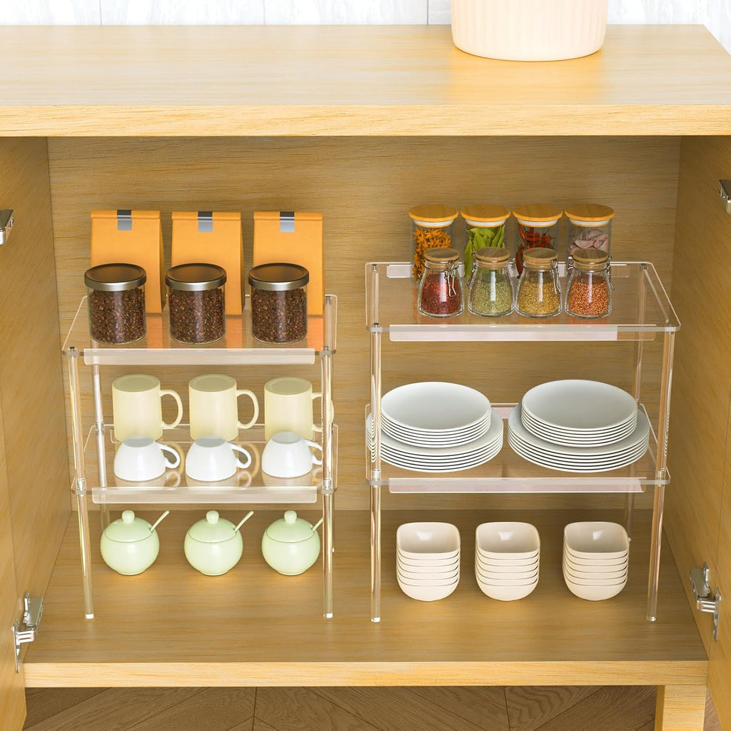 4-Pack Clear Acrylic Spice Racks 2 Large and 2 Small, Stackable Cabinet and Countertop Organizer Shelves for Kitchen