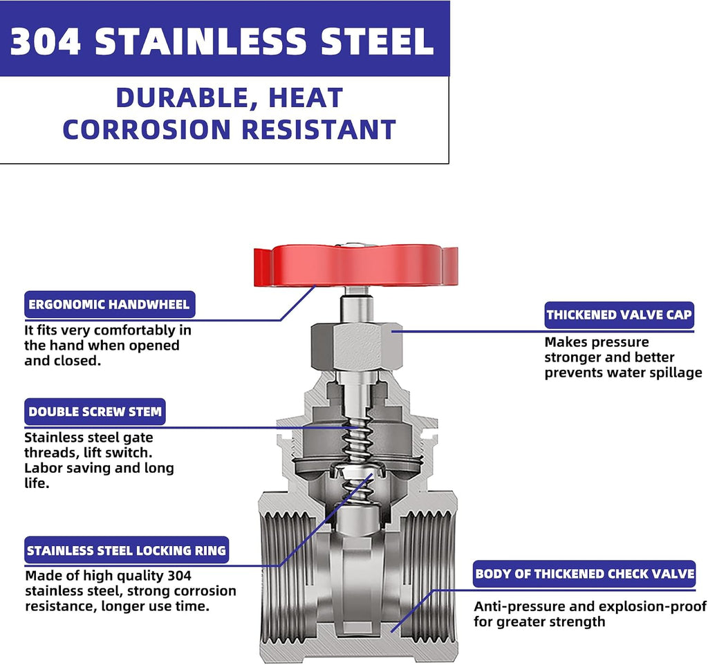 1/2" NPT Gate Valve, Heavy Duty Stainless Steel, Female Thread, DN15