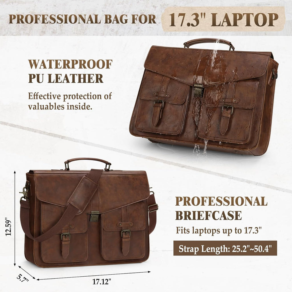 17.3 Inch Men's Messenger Bag, PU Leather Laptop Briefcase for Work, Office & Business Travel, Spacious Satchel Bag