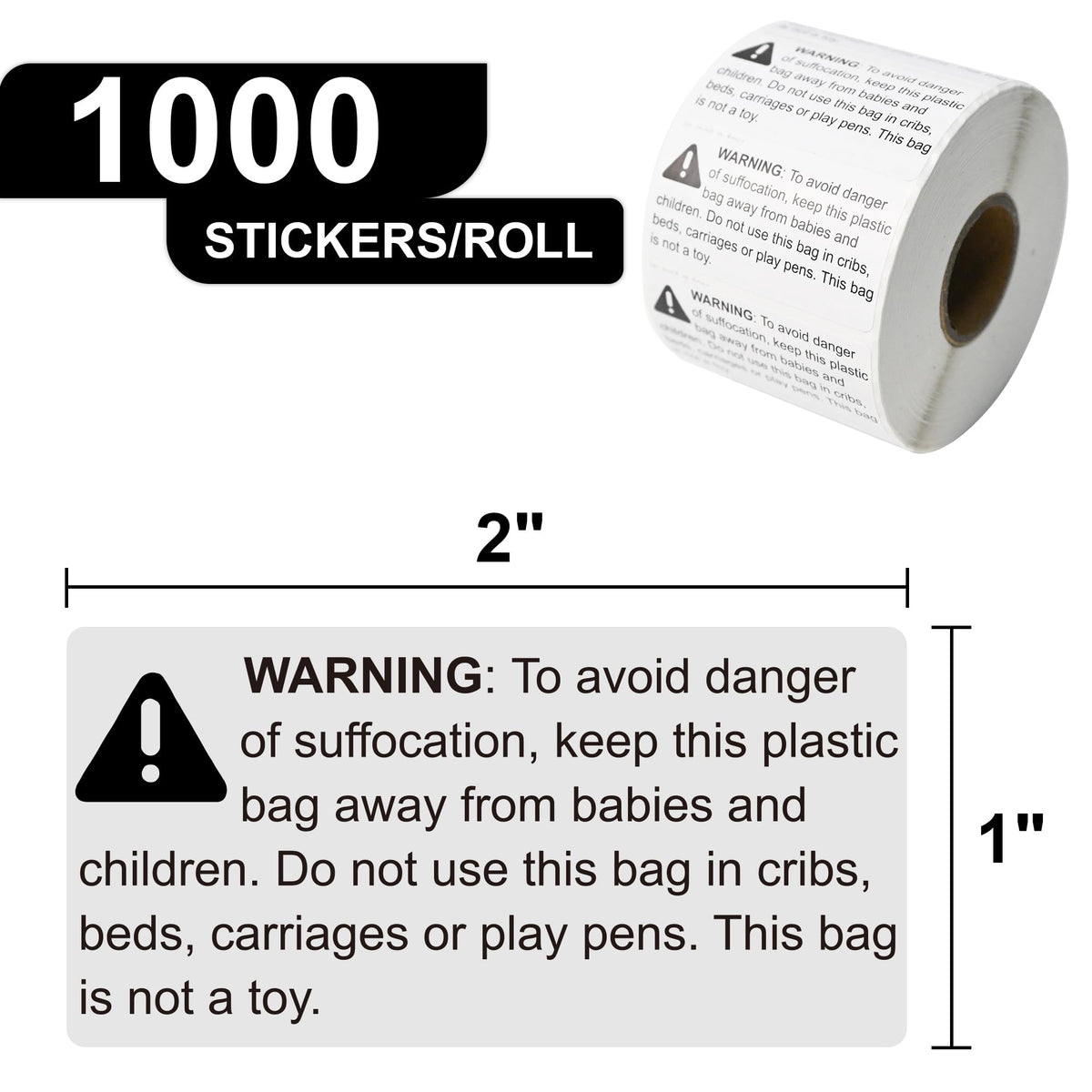 Suffocation Warning Labels 2" x 1", 1000 Labels per Roll