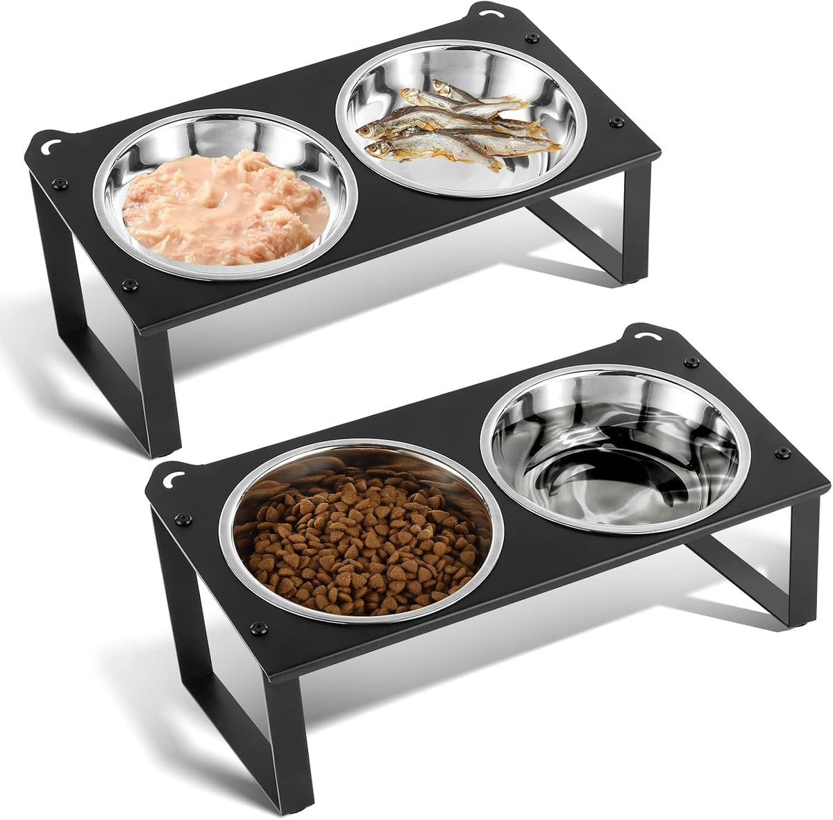 2 Set Elevated Cat Food Water Bowls, 4 Stainless Steel Bowls for Indoor Pet with Cute Metal Stand, 10° Tilted