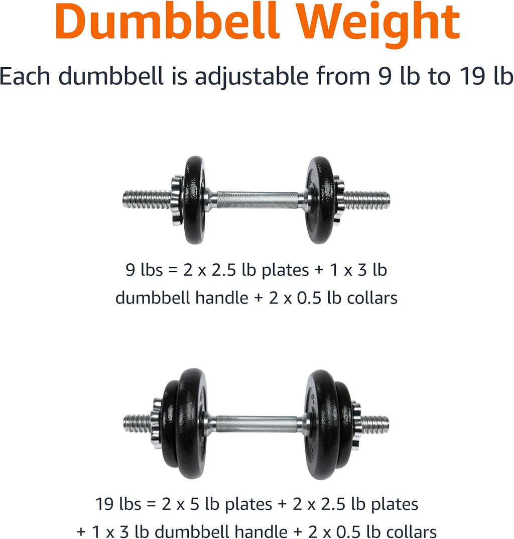 Adjustable Dumbbell Hand Weight Set with Storage Case, Portable, Secure, 38 Pounds, Black