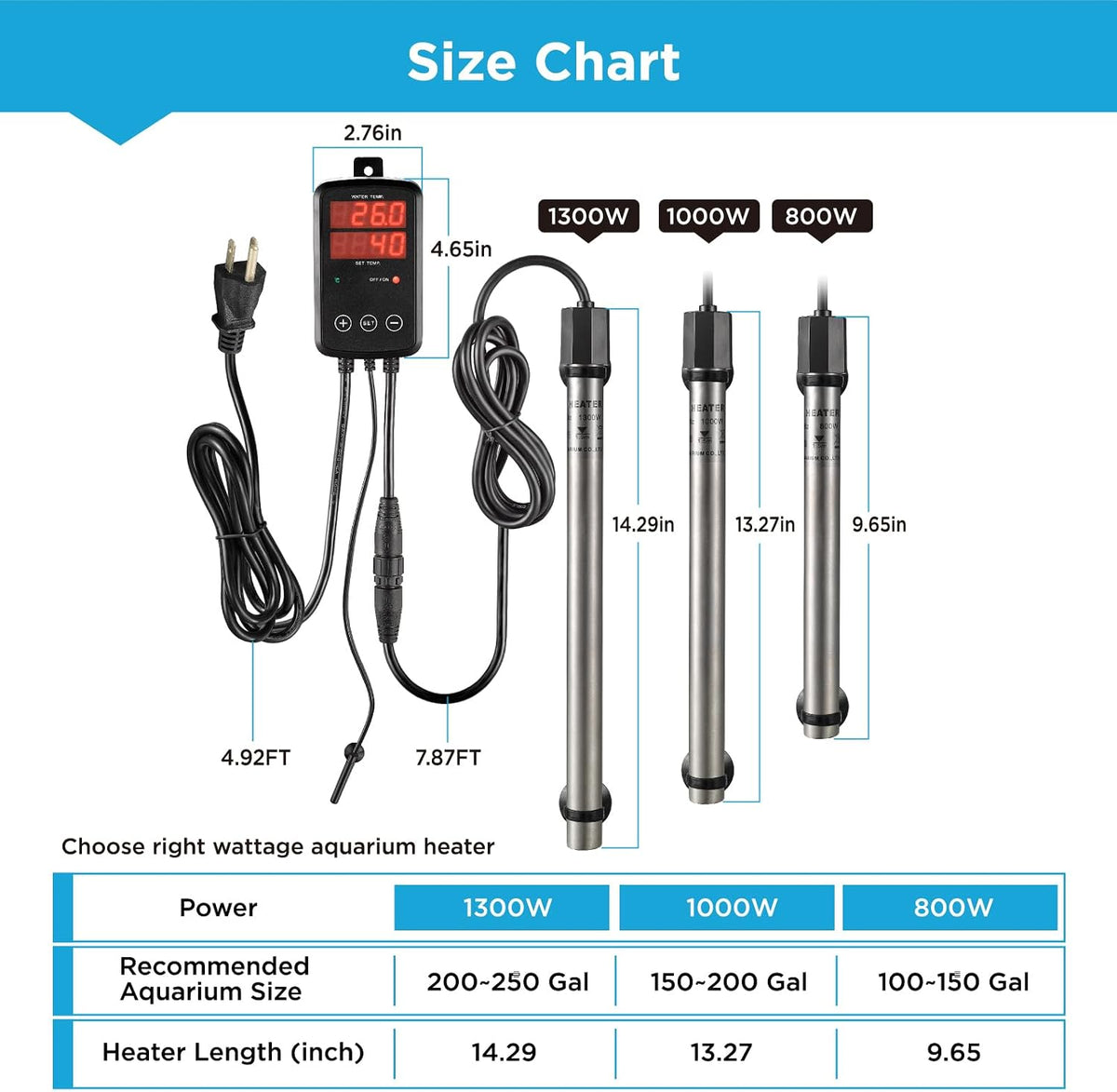 Titanium Aquarium Heater 800W, Submersible Fish Tank Heater with Digital Display Temperature Controller, 0℃-40℃
