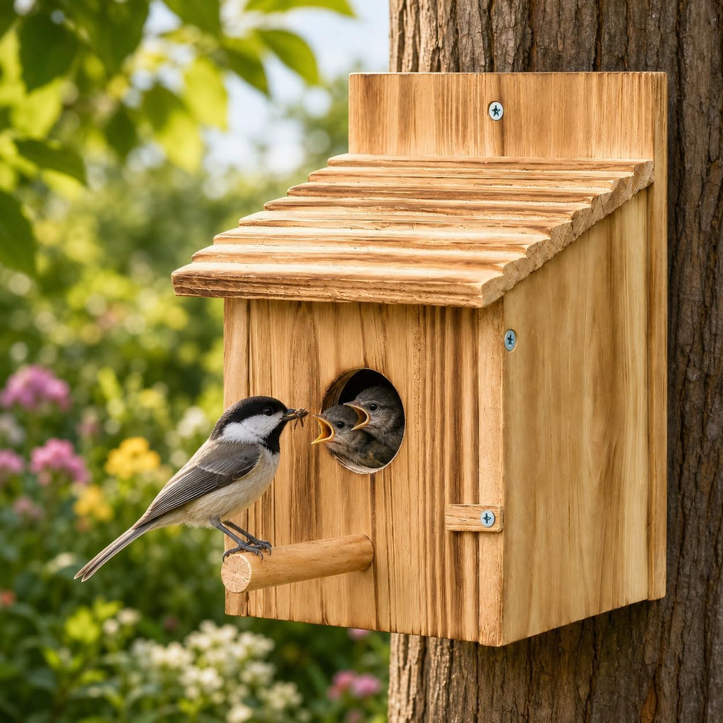 Wooden Birdhouse with Lift-Up Front Cleaning Door