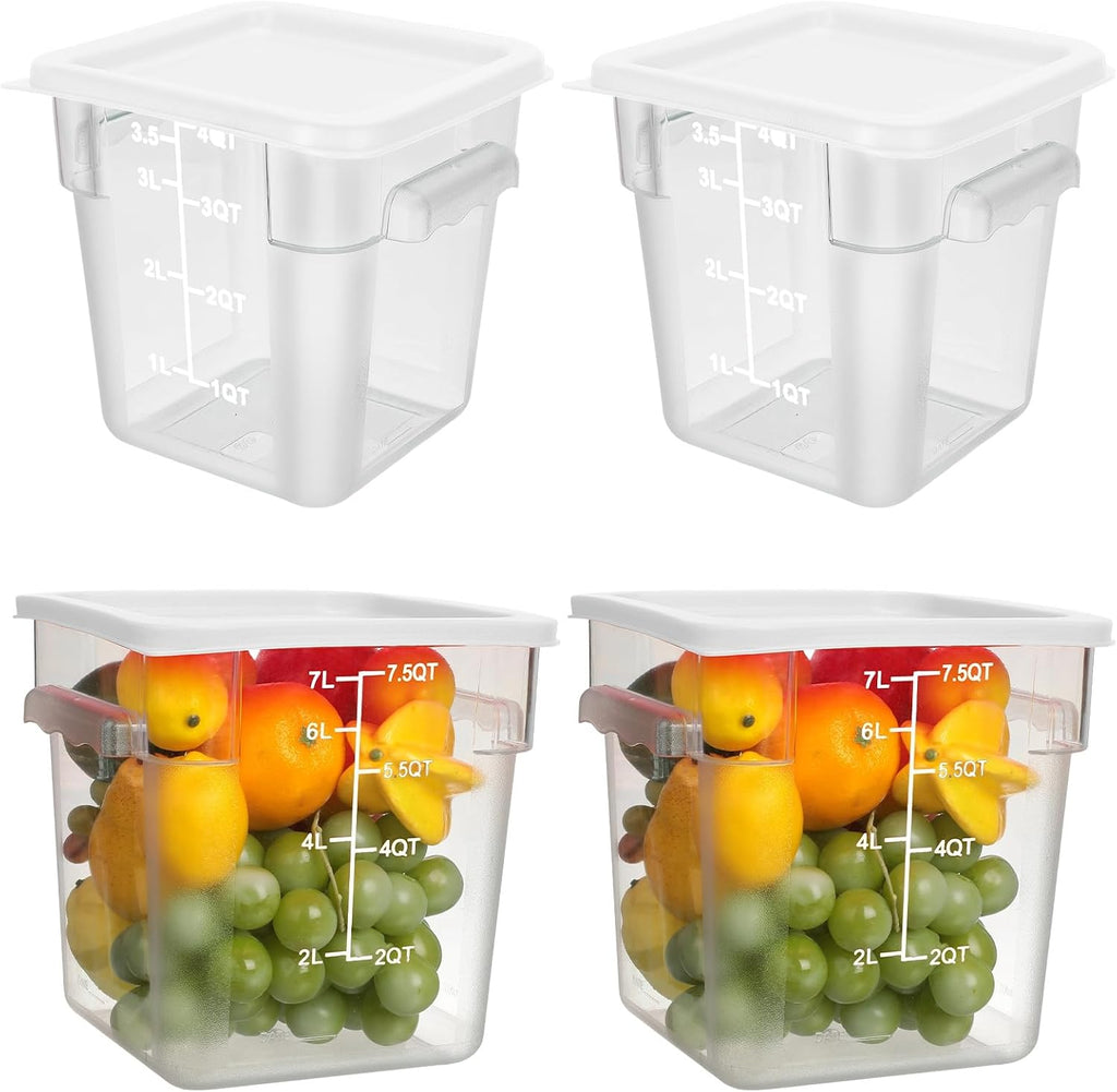 4 Pcs 8qt & 4qt Clear Food Storage Containers with Lids Handles and Scales, Stackable Plastic Square Food Storage