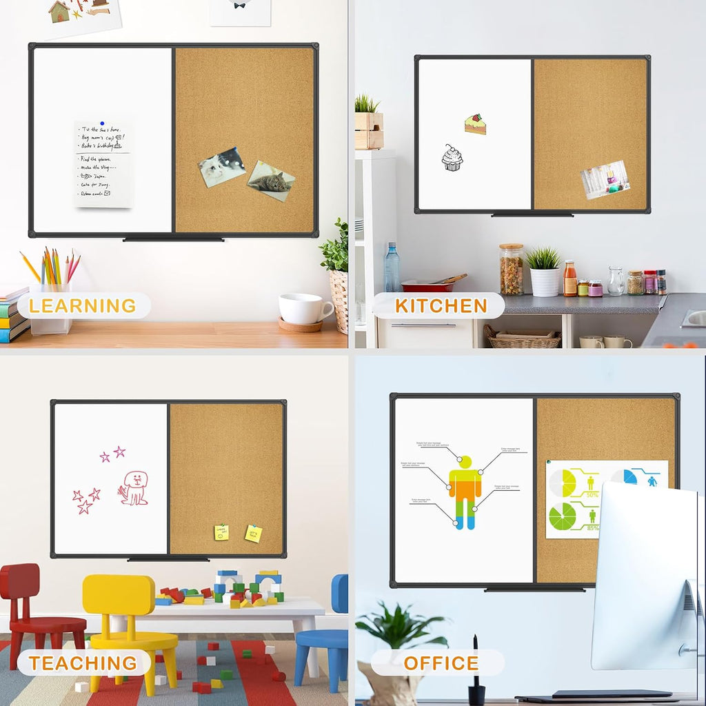 White Board & Bulletin Corkboard Combination, Combo Board 48 x 36 Magnetic Whiteboard, Black Aluminum Frame Wall