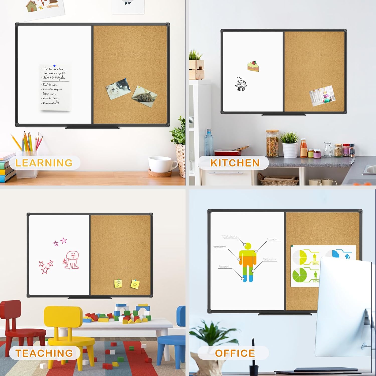 White Board & Bulletin Corkboard Combination, Combo Board 48 x 36 Magnetic Whiteboard, Black Aluminum Frame Wall