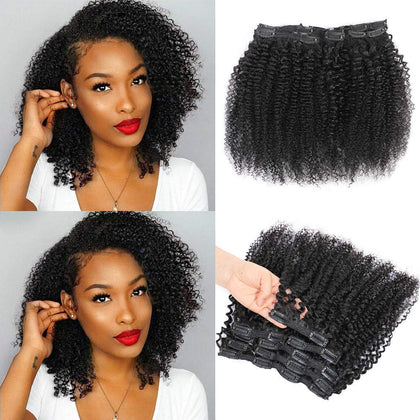 Kinky Curly Clip In Hair Extensions for Black Women Human Hair, Urbeauty Curly Hair Extensions Clip in Human Hair for