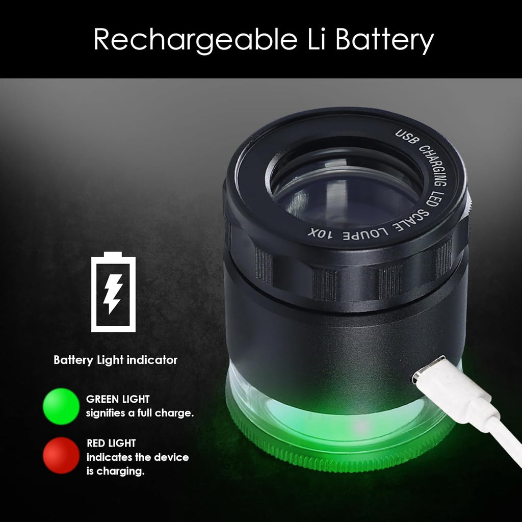 10X Rechargeable Jewelers Loupe Magnifier with LED Light & Detachable Reticle Scale, 25mm Field of View, Adjustable
