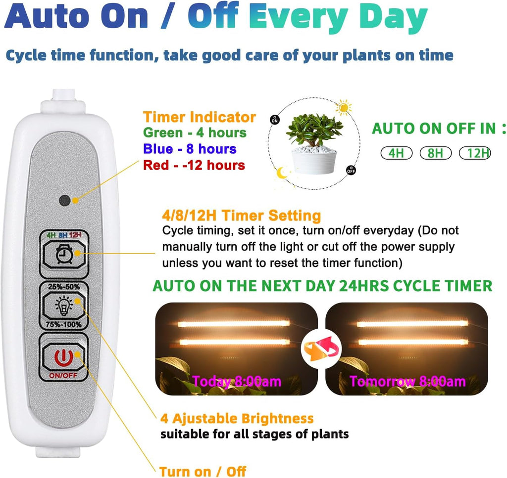 Grow Light Two Heads, Strip Growing Lamp, Full Spectrum Plant Light Strips for Indoor Plants with Auto ON/Off Timer &