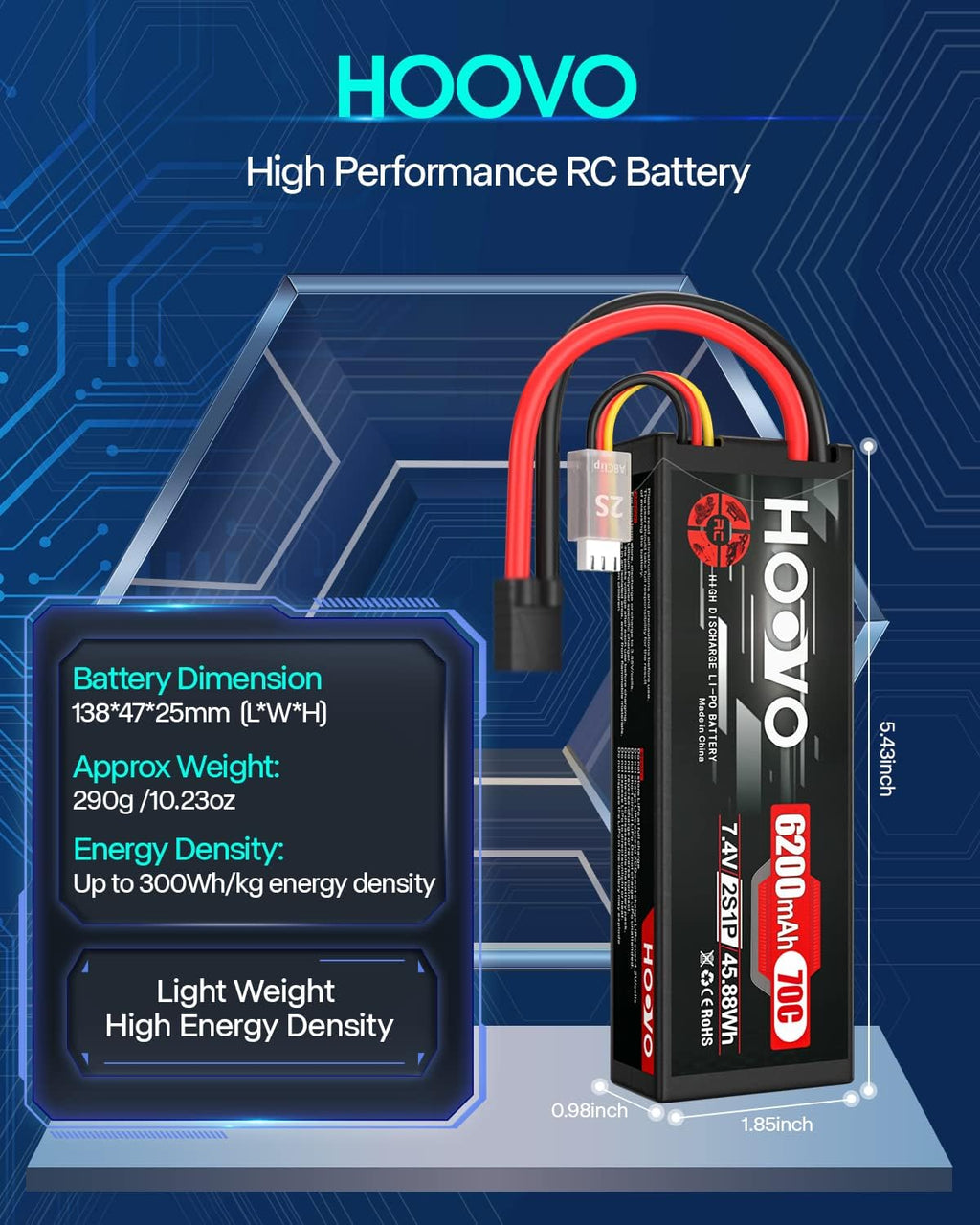 7.4V 70C 6200mAh 2S Lipo Battery Hard Case with Tracxas Plug(2 Packs