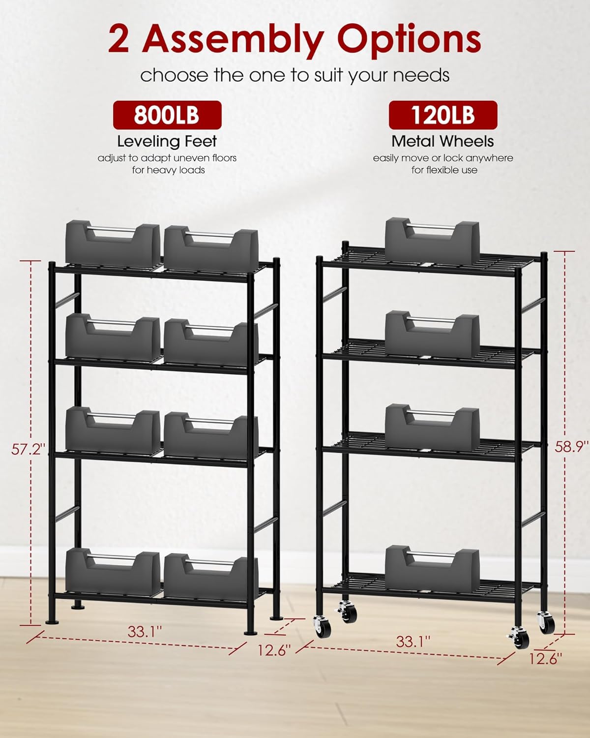 Storage Shelves Organizer - 4 Tier Metal Shelf Organizer with Metal Wheels and Adjustable Leveling Feet, Heavy Duty
