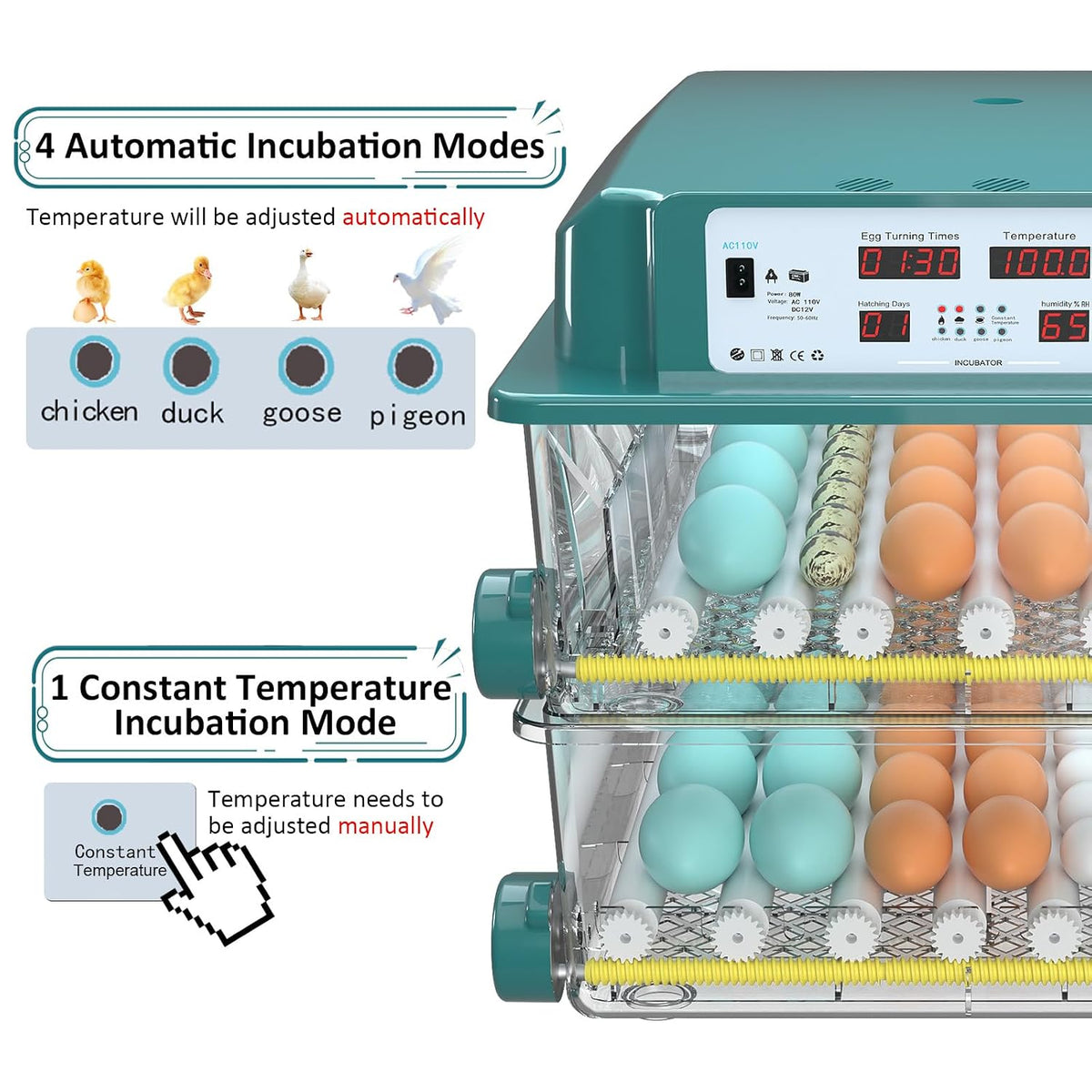 Egg Incubator for Hatching 120 Eggs with 5 Auto Incubation Models