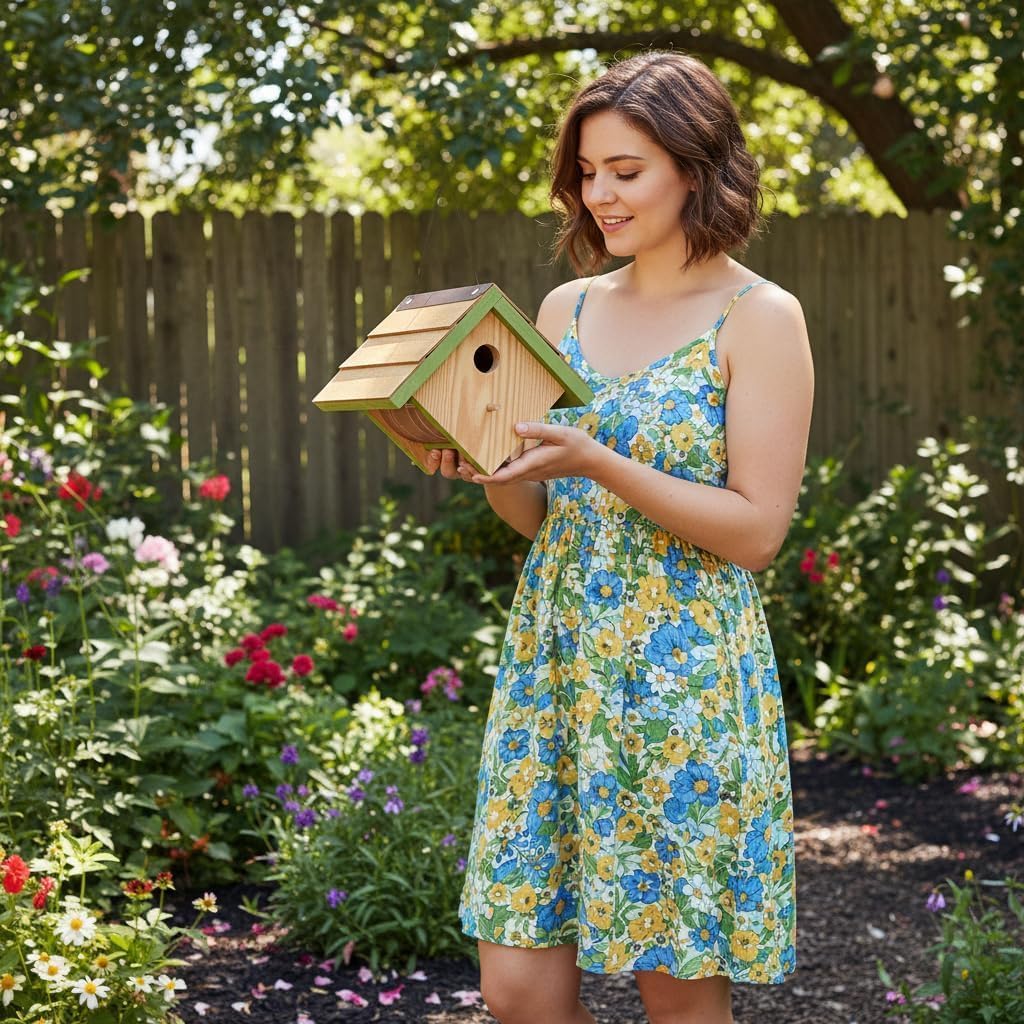 Large Cedar Bluebird House for Outside - Bamboo Shingles Roof Birdhouse for Bluebirds - Weather Proof Metal Protected