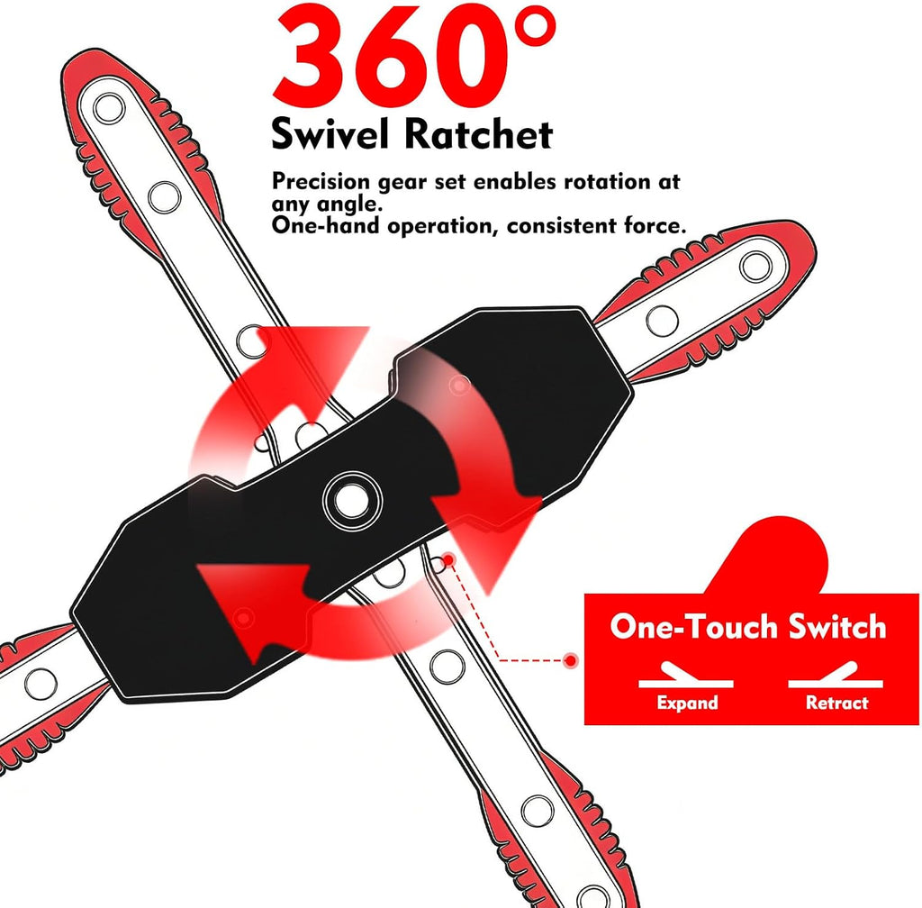Brake Caliper Compression Tool, 360° Ratcheting Piston Compressor, 2 Steel Plates, 2 Hooks